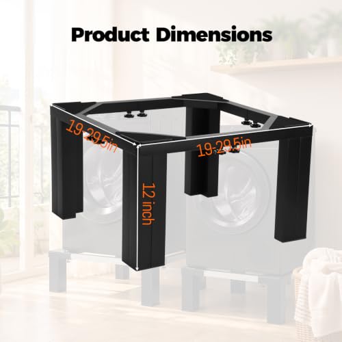 Adjustable Washer Dryer Pedestal, 12” Heavy Duty Stand (1200 lbs), 19”-29.5” Universal Fit Laundry Riser with Anti-Vibration Pads, Stainless Steel Base for Washing Machine, Dryer, Refrigerator,Black - Image 6
