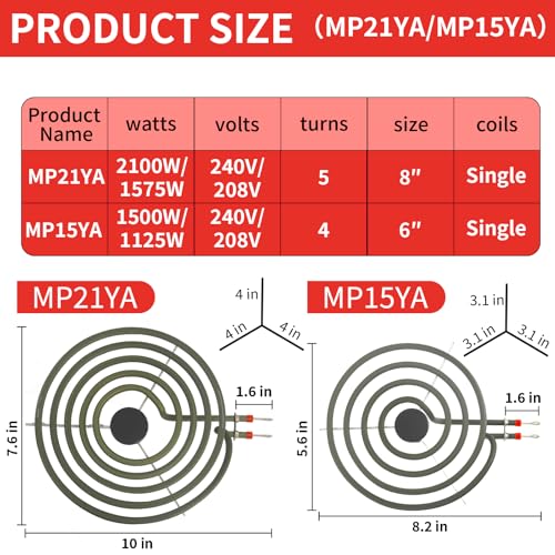 MP22YA Electric Range Burner Element Unit Set 2 pcs MP15YA 6" & MP21YA 8" - Image 8