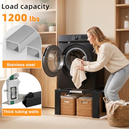 Adjustable Washer Dryer Pedestal, 12” Heavy Duty Stand (1200 lbs), 19”-29.5” Universal Fit Laundry Riser with Anti-Vibration Pads, Stainless Steel Base for Washing Machine, Dryer, Refrigerator,Black - Image 4