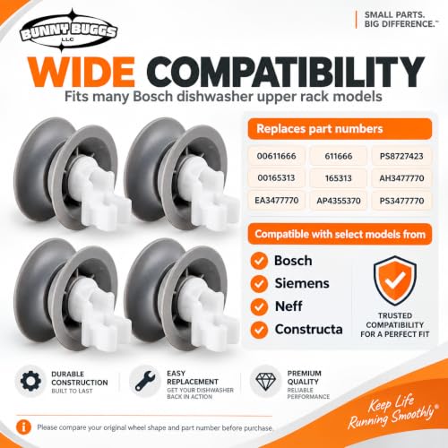 BUNNY BUGGS 611666 Dishwasher Upper Rack Roller Wheel Kit, Compatible with Bosch Dishwashers, Replaces 00611666, 10032849, 00165313, 165313, PS8727423, AP4355370, 4-Pack - Image 8