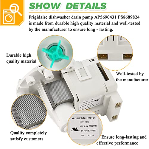 A00126401 AP5690431 bpx1-90e Dishwasher Drain Pump by Techecook - Fit for Frigidaire Kenmore Dishwasher - Replacement Part 5304492415 bpx1-90e 154736201 PS8689824 AP5690431 - Image 4