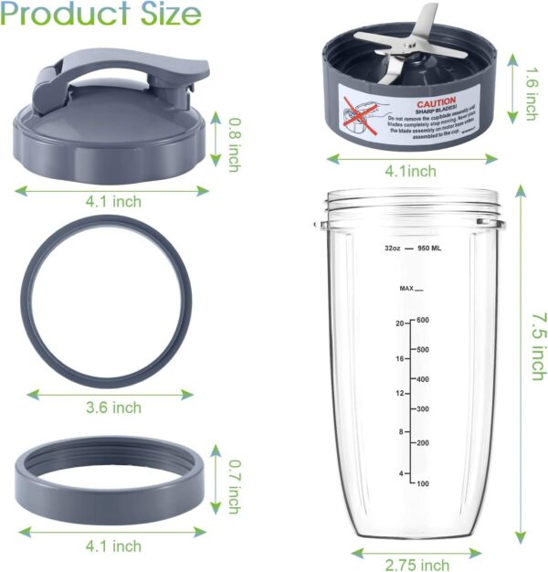 7 Pieces nutribullet Blender Cups & Blade Replacement Set 32oz Huge Cup with 1 Flip-Top To-Go Lid and 1 Lid Ring & Premium Extractor Blade with Compatible with NutriBullet 600w/900w Blender - Image 4