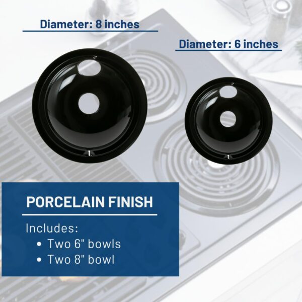 GE Appliances Stove Drip Pans, Genuine Appliances Manufactured OEM Part, Electric Stove Burner Drip Pans, 4 Piece Set, 6" and 8" Drip Pan Kit, Porcelain Range Replacement Stove Burner Bowls - Image 3