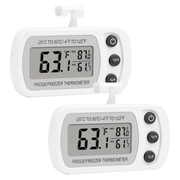 Lasubst Digital Refrigerator Thermometer 2 Pack for Fridge Freezer Cooler Waterproof, White