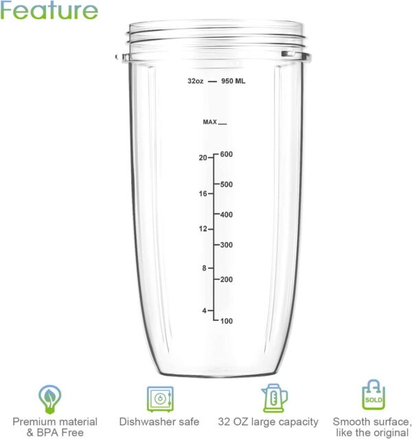 7 Pieces nutribullet Blender Cups & Blade Replacement Set 32oz Huge Cup with 1 Flip-Top To-Go Lid and 1 Lid Ring & Premium Extractor Blade with Compatible with NutriBullet 600w/900w Blender - Image 6
