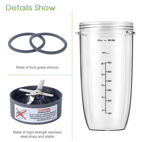 New Blender Cup and Blade Replacement Parts32oz Cup and Extractor Blade and 2 RubberGaskets 4-Piece Compatible with NutriBullet High-Speed Blender/Mixer System 600W/900w Series - Image 3