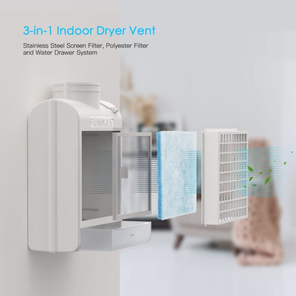 FUNMAS 3-in-1 Indoor Dryer Vent, Stainless Steel Screen Filter, Polyester Filter and Water Drawer System, Upgrade Safety Vent Flap, with 4 Pieces Polyester Filters, For Electric Clothes Dryers - Image 3