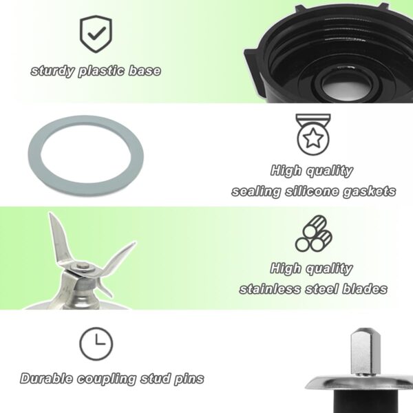 for Oster Blender Replacement Parts Kit - Ice Crusher Blade with Jar Base Cap, Coupling Stud Slinger Pin & 4 Rubber O Ring Sealing Gaskets - Image 2