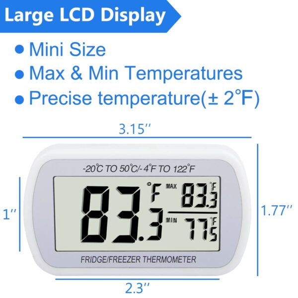 Refrigerator Thermometer Digital Fridge Freeze Room Thermometer Waterproof Large LCD Display Max/Min Record Function, White - Image 7