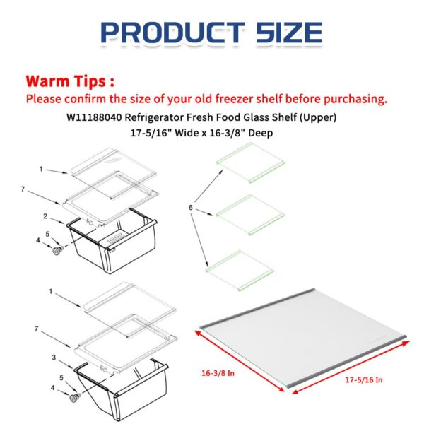 [Upgraded] W11188040 Refrigerator Fresh Food Glass Shelf (Upper) fit for Whirlpool/Maytag Refrigerators, Replaces W11135529, 4547258, AP6286990, PS12348757 (1 Pack) - Image 2