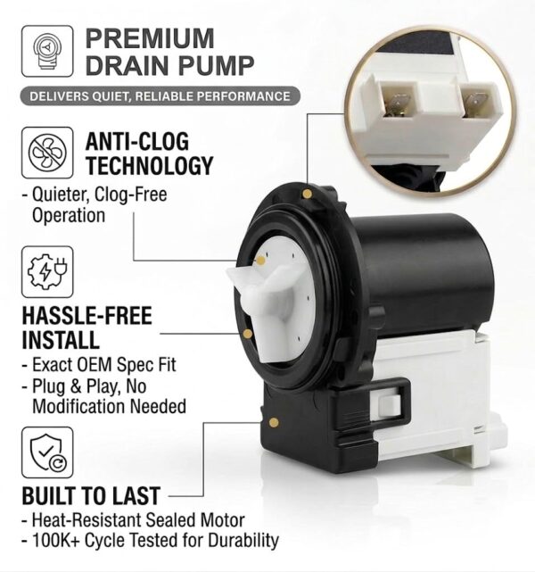 OEM Quality Washer Drain Pump For LG WM4370HKA,WM2801HRA, WM8000HWA,WM2140CW, WM2277HS,WM3477HW - Image 4