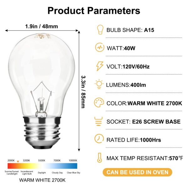 Appliance Oven Light Bulb A15 40W High Temperature 500 Degrees Resistant for Refrigerator Over Stove Microwave Range Hood Lava Lamp Replacement Bulb E26 Medium Base 120V Warm White - Image 3