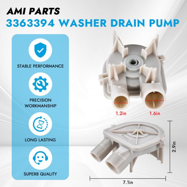 AMI PARTS 3363394 Washing Machine Pump Appliance Replacement Parts Exact Fit Whirlpool Kenmore Washer - Image 7