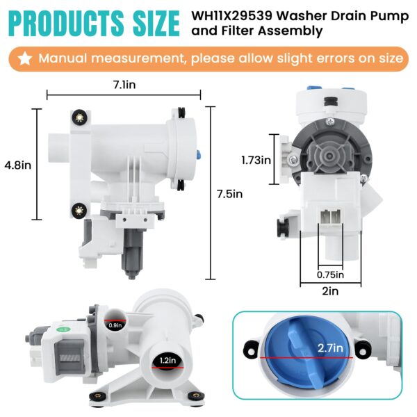 WH11X29539 Washer Drain Pump Filter Compatible for G-E Front Load Washing Machine Pump PD00094541 WH11X39237 AP8054992 PS16217203 EAP16217203 B25-3A04 PD00065822 Replacement by MIFLUS - Image 6