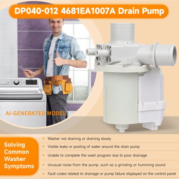 DP040-012 Drain Pump 4681EA1007A 5859EA1004F 5859EA1004P 5859EA1004G WH23X10020 Replacement for Washer Drain Pump, Fits for WT1101CW WT5001CW WT7200CW WT5270CW WT1201CV WT4970CW WT4870CW - Image 8