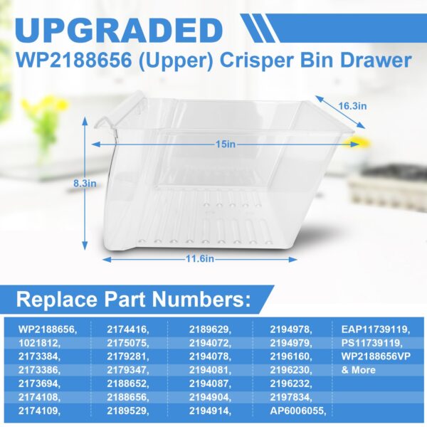 [2 PACK]UPGRADED 2188656 (Upper) Refrigerator Crisper Bin & 2188664 (Lower) Fridge Crisper Drawer Replacement Compatible with Kenmore Whirlpool Refrigerator Drawers Parts with Humidity Control - Image 3