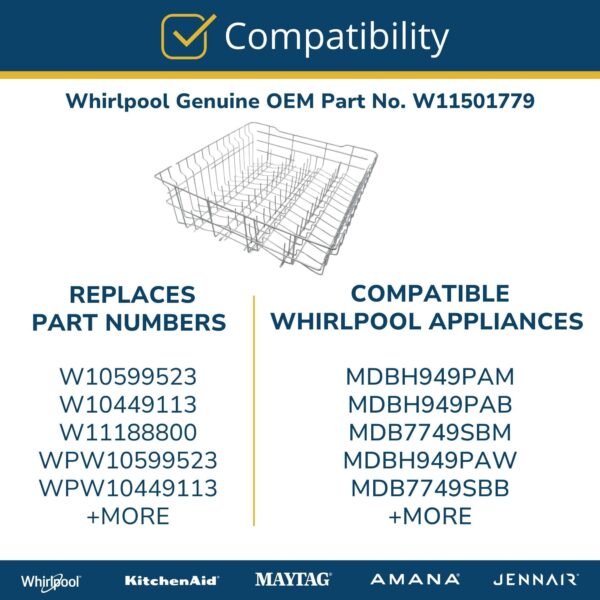 Whirlpool W11501779 Genuine OEM Dishwasher Upper Dishrack Assembly Replacement Part - Replaces W10599523, W10449113, W11188800, WPW10599523, WPW10449113, W10918525, and W10889618 - Image 2
