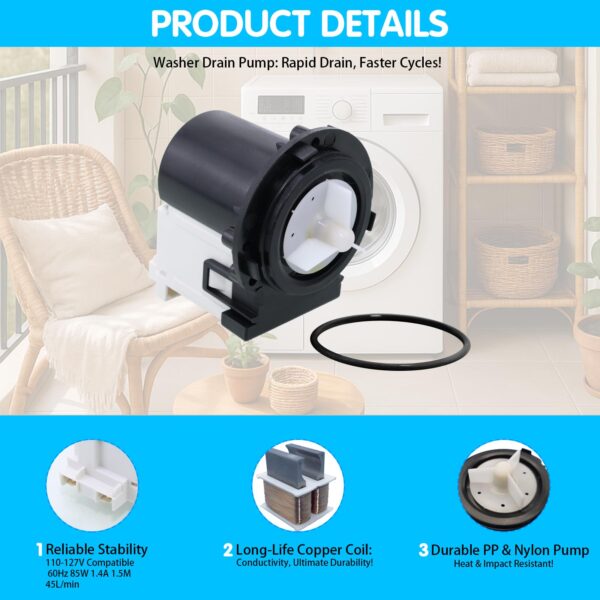 WM9000HVA WM3470HVA WM4270HVA WM3270CW Washer Drain Pump Motor - Image 3