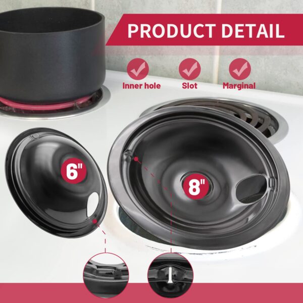 COZZIVITA GE Black Stove Drip Pans, 10% Energy Save by Enamel Spraying Prevent Bending and Rust - Include 3Pcs 6'' Burner Drip Pans and 1Pcs 8'' Drip Bowl - Image 6