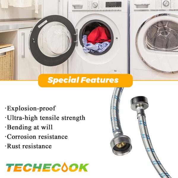 4ft Premium Stainless Steel Washing Machine Hoses Burst Proof 2 Pack by Techecook - Hot and Cold Water Supply Hoses for ALL Washer - 10 YEARS WARRANTY - Image 7