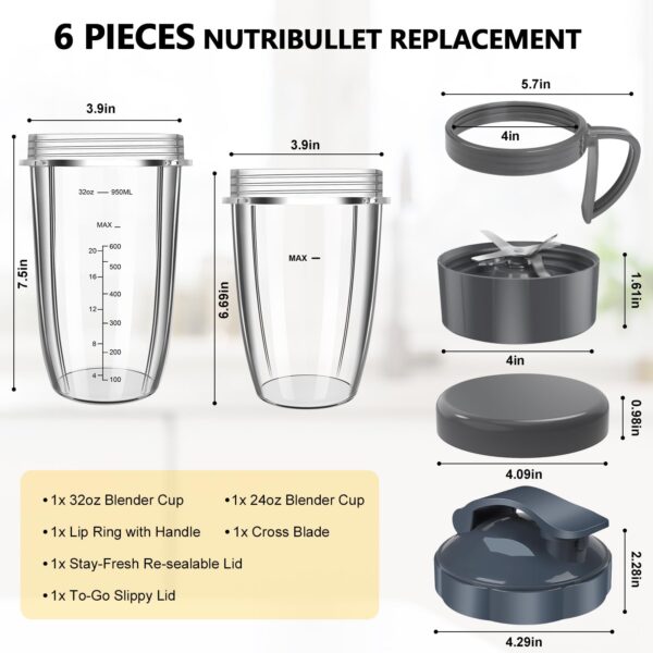 Nutribullet Blender Cups & Blade Replacement Set, 32oz & 24oz Nutribullet Cup with LidTo-Go Lid and Lip Ring, Replacement Parts for Nutri Bullet Blenders 600w & Pro 900w Accessories 6 PCS - Image 7