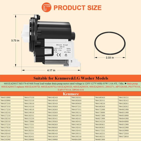 【𝟮𝟬𝟮𝟲 𝗨𝗽𝗴𝗿𝗮𝗱𝗲𝗱】4681EA2001T Washer Drain Pump Motor Replace for Kenmore&LG Washer Replacement AP5328388 4681EA1007G for Drain Pump Washing Machine WM2101HW WM3270CW WM3431HS - Image 7