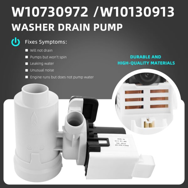wpw10730972 W10130913 Washer Drain Pump Assembly Compatible with kenmore he2 plus whirlpool 9200 duet washer by AMI PARTS - Image 3