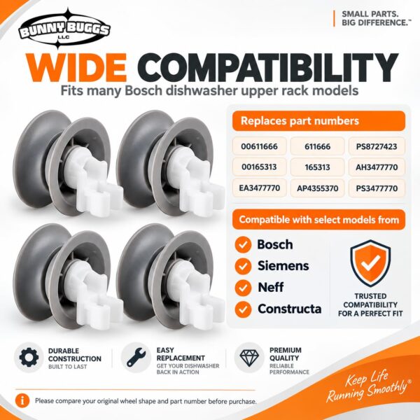 BUNNY BUGGS 611666 Dishwasher Upper Rack Roller Wheel Kit, Compatible with Bosch Dishwashers, Replaces 00611666, 10032849, 00165313, 165313, PS8727423, AP4355370, 4-Pack - Image 7