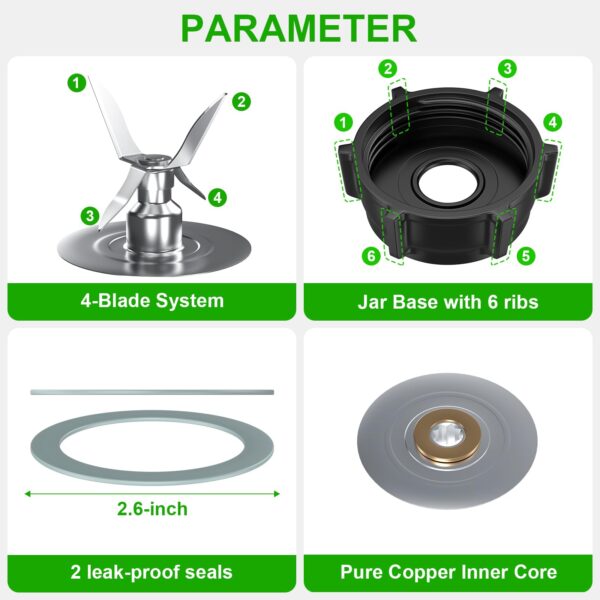 Replacement Parts for Oster Blender Blade Compatible with Oster Blender with ABS Plastics Jar Base Cap and 2 Rubber O Ring Seal Gasket Kit for Oster Blender Replacement Parts - Image 2
