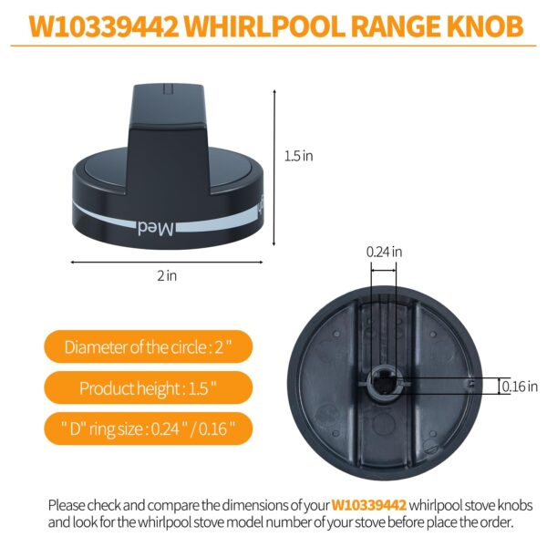 Upgraded W10339442 Stove Knobs Replacement Parts for Whirlpool Gas Range Burner Knob WPW10339442 WFG320M0MS0 WFG505M0MS0 Whirlpool Range Stove Top Cooktop Oven Burner Control Knobs Black 4Pcs - Image 4