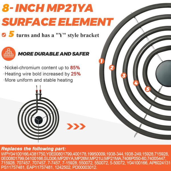 【2026 UPGRADED】 MP22YA Electric Range Burner Element Unit Set - Replacement for Ken-more Whirlpool May-tag Hardwick Norge Ranges/Stoves - Include 2 pcs MP15YA 6" and 2 pcs MP21YA 8" by Beaquicy - Image 7