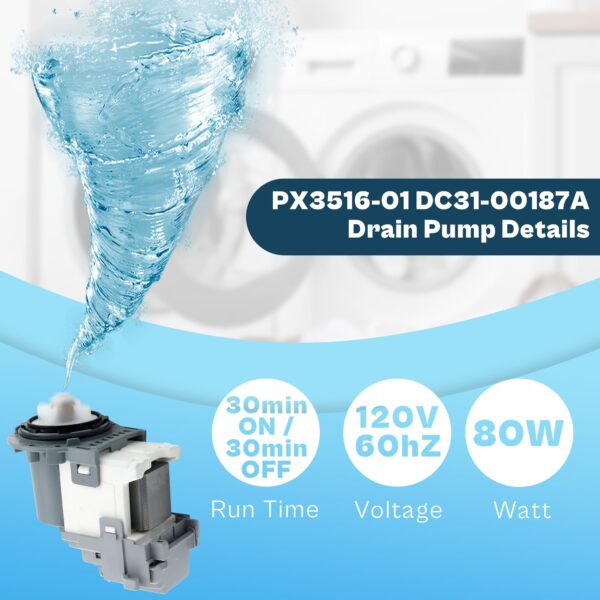 DC97-20621A Washer Drain Pump Motor fit for Samsung OEM Vrt Washer Drain Pump DC31-00178A PX3516-01 DC3100187A DC97-19289F DC97-19280F DC31-00178D B35-3A B40-3 WF42H5000AW by prime&swift - Image 6