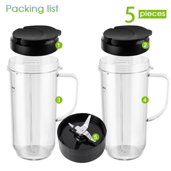 5-piece Magic Bullet Blender Cups, Tall 22oz Cup with Flip-Top To-Go Lid, Cross Blade, Blender Replacement Parts, Mug with Handle Compatible with Magic Bullet 250w MB1001 - Image 2
