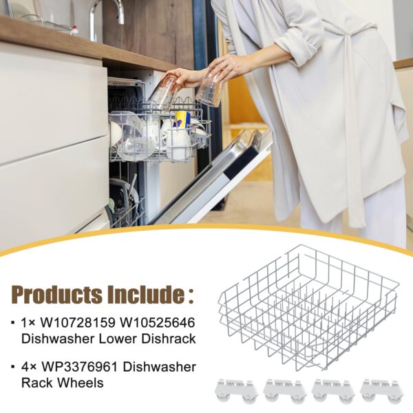UPGRADED W10728159 W10525646 Dishwasher Lower Rack Replacement Compatible with Whirlpool Dishwasher Rack, Replace W10315890 W10078180 Kitchenaid Kenmore Elite Dishwasher Bottom Rack & WP3376961 wheels - Image 6