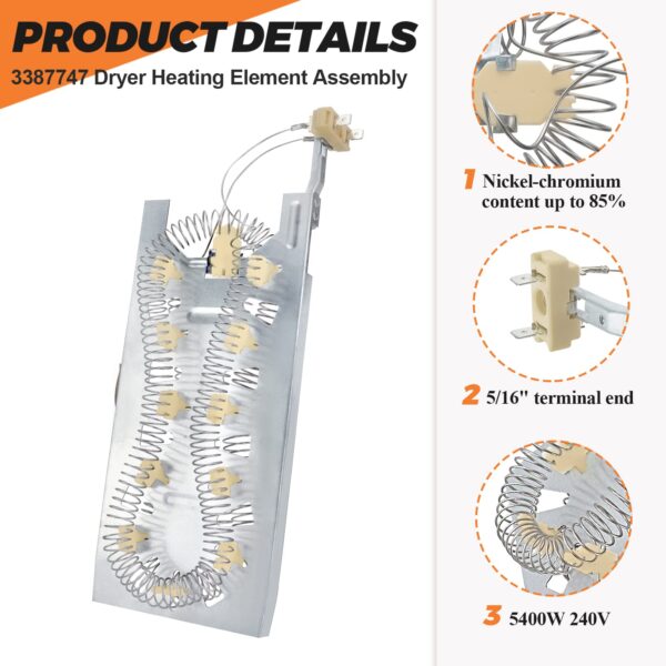 2026 UPGRADE 3387747 WP3387747 W11344457 Dryer Heating Element by Beaquicy Suitable for Whirlpool Kenmore elite he4/90 series heating element medc700vw0, 110.82822101, gew9200lw1, gew9250pl0, etc - Image 3