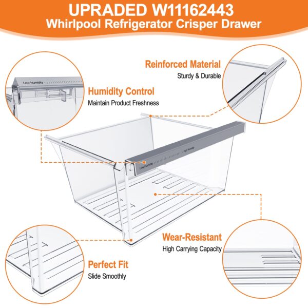 UPGRADED W11162443 Refrigerator Crisper Drawer Compatible with Whirlpool Fridge Drawer Replacement Parts Whirlpool Refrigerator Drawers WRS315SDHZ02 WRS315SDHZ05 WRS315SDHZ08 WRS325SDHZ08 WRS321SDHZ08 - Image 5