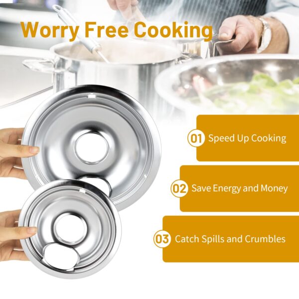 4 Pack Chrome Drip Pans, Compatible with Whirpool Kenmore Frigirate Stove Top Drip Bowls. Include 2 Pcs 6'' Range Replacement Drip Pans and 2 Pcs 8 '' Cooktop Drip Pans - Image 5