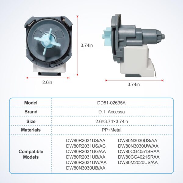 DD81-02635A B20-3A01 Dishwasher Drain Pump Assembly D.I.Accessa Original Equipment Manufacturer(OEM) Part Fit For DW80N3030us DW80R2031 DW80CG4021SRAA DW80CG4051SRAA DW80M2020US/AA Series - Image 7
