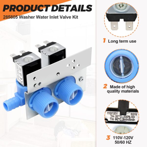 𝟮𝟬𝟮𝟲 𝙐𝙥𝙜𝙧𝙖𝙙𝙚 285805 Washer Water Inlet Valve with Mounting Bracket - Suitable for Whirlpool Kenmore Kitchen-Aid Washer - Replaces 292197 3349451 3354565 KAWS850JQ4 LSQ8243HQ0 7MLSC9545JQ2 - Image 3