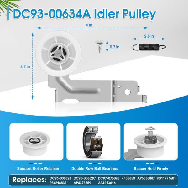 Dryer Repair Kit Replacement for Samsung Drum Roller DC97-16782A, Dryer Belt 6602-001655, Idler Pulley DC93-00634A, fits DV48H7400EW/A2 DV40J3000EW/A2 DV45H7000EW/A2 DV52J8700EP/A2 DV448AEP DV419AEW - Image 6