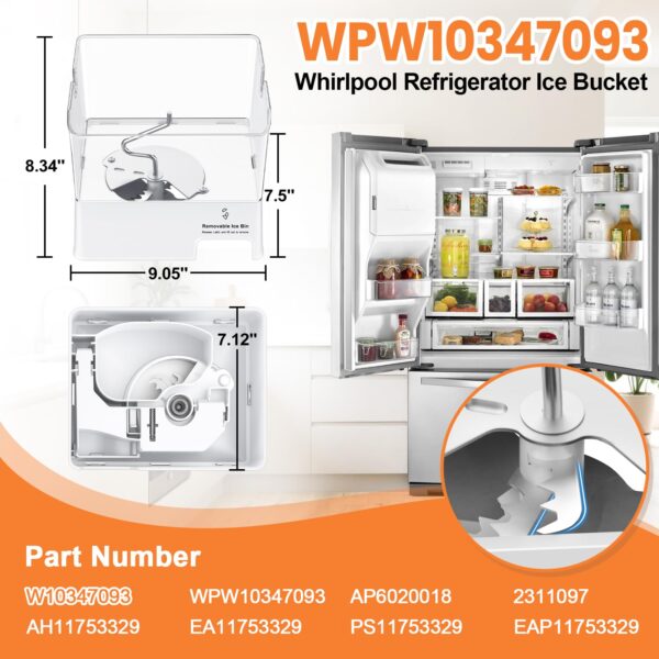 Upgraded WPW10347093 Refrigerator Ice Bucket Compatible with KitchenAid Whirlpool Ice Maker Replacement, Whirlpool Removable Ice Bin W10347100 W10347093 WRF736SDAM14 WRF736SDAM13 Maytag Ice Maker Tray - Image 3