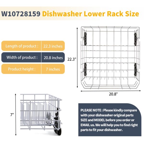 Stainless Steel W10728159 Dishwasher Lower Rack Replacement for KitchenAid Maytag Dishwasher Parts with Wheels W10525646 KDFE104DSS2 Lower Dishrack 22" x 20.7" Whirlpool Dishwasher Bottom Rack Drawer - Image 2