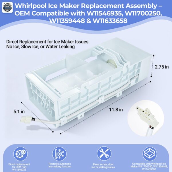 Upgraded W11546935 Ice Maker Assembly Compatible with Whirlpool Kenmore Amana Maytag, Replaces W11700250 W11359448 W11633658 AP7019172, Includes Absorbent Towel, Nitrile Gloves - Image 3