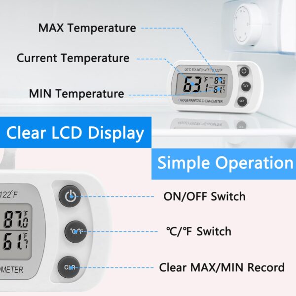 Lasubst Digital Refrigerator Thermometer 2 Pack for Fridge Freezer Cooler Waterproof, White - Image 3