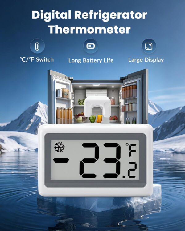 2 Pack Refrigerator Thermometer Digital, Fridge Freezer Thermometer with Large LCD Display, Magnetic Freezer Temperature Gauge with ℃/℉ Switch for Kitchen, Home, Room - Image 3
