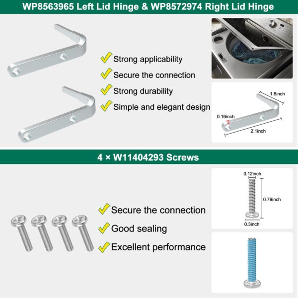 UPGRADED W11259006 Washer Lid Assembly Replacement Compatible with Maytag Washer Lid Part WP8563965 Left Lid Hinge & WP8572974 Right Lid Hinge & 4 W11404293 Screws, Replaces W11082608, 4814277 - Image 7