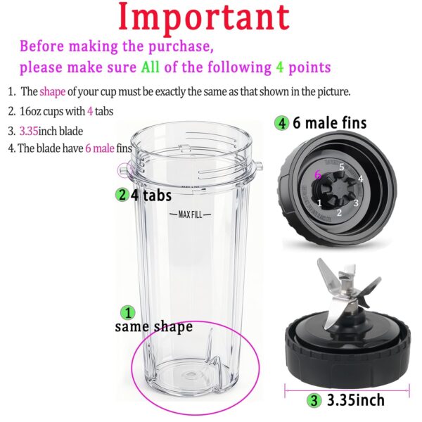 Replacement 6-Fin Male Blade and 16oz Cups for Nutri Ninja Blender,Only for BL660 BL663 BL740 BL770 BL771 BL772 BL773 BL780 (5-pack)