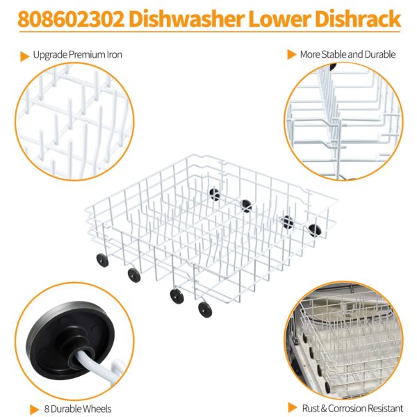 808602302 Dishwasher Lower Rack Replacement for Frigidaire Gallery Dishwasher Rack Part Bottom Rack Frigidaire Kenmore Dish Washer Lower Drawer Tray LFBD2409LF3C FDB1050REC4 Dish Rack 154174501 Wheel - Image 5