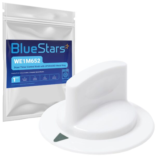 BlueStars WE1M652 Dryer Timer Control Knob with Upgraded Metal Ring - Compatible with Hotpoint HTDX100EM8WW HTDX100ED6WW HTDX100EM6WW HTDX100GM8WW HTDX100ED2WW GE Dryers 1264289 AP3995164 PS1482196