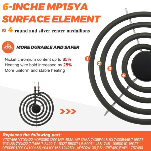 【2026 UPGRADED】 MP22YA Electric Range Burner Element Unit Set - Replacement for Ken-more Whirlpool May-tag Hardwick Norge Ranges/Stoves - Include 2 pcs MP15YA 6" and 2 pcs MP21YA 8" by Beaquicy - Image 5